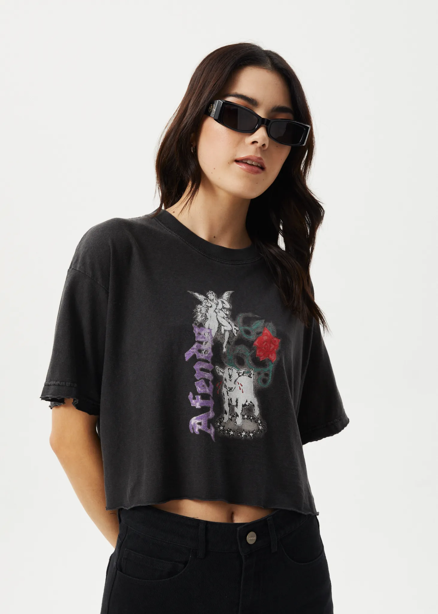 AFENDS Womens Nirvana Cropped - Oversized Tee - Stone Black