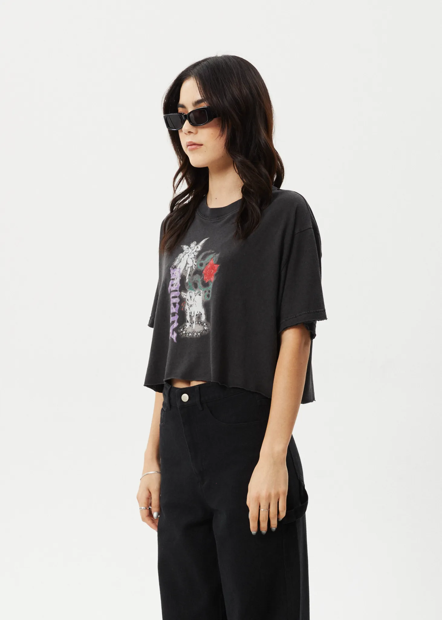 AFENDS Womens Nirvana Cropped - Oversized Tee - Stone Black