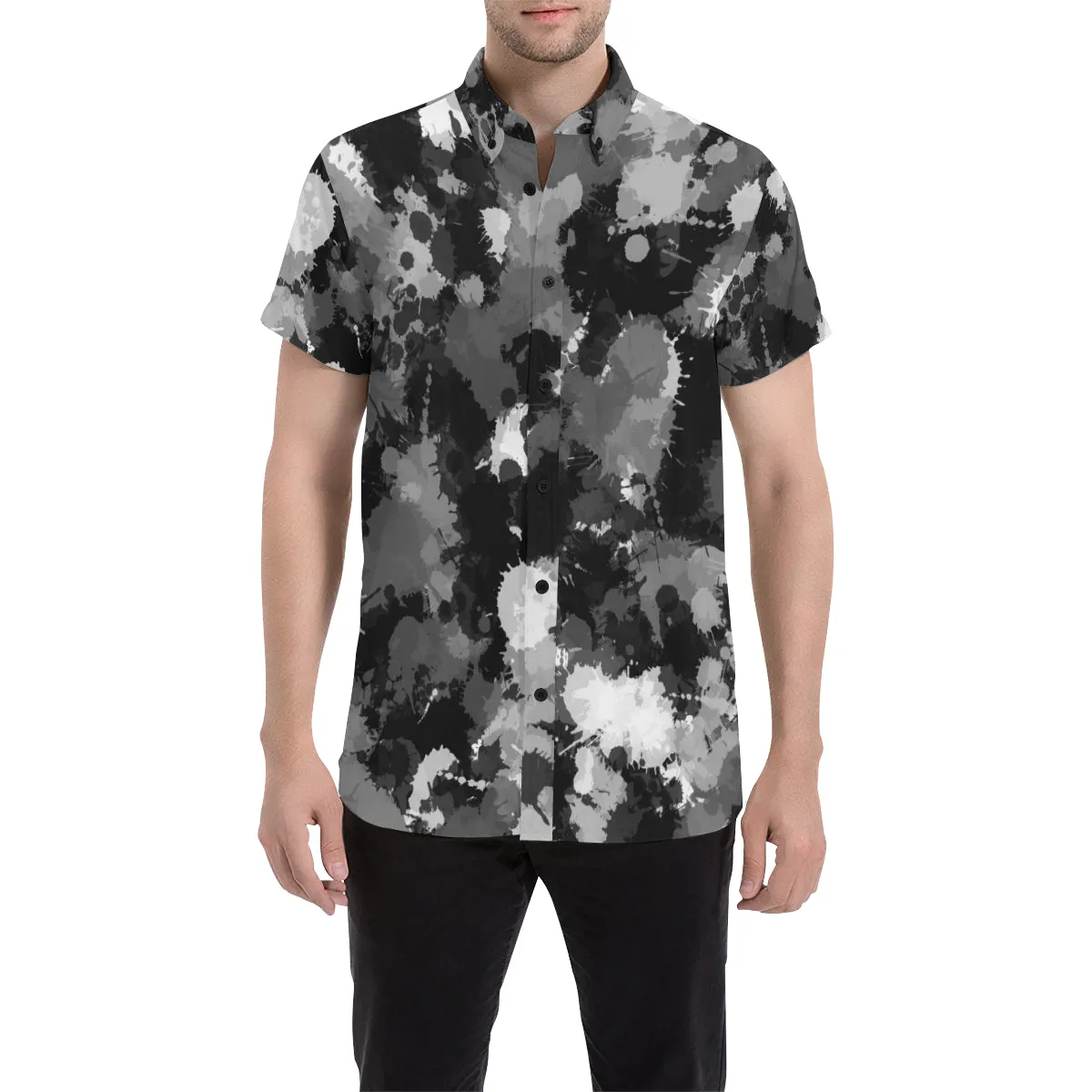 Black White and Grey Paint Splatter Men's Big & Tall Short Sleeve Button Up Shirt