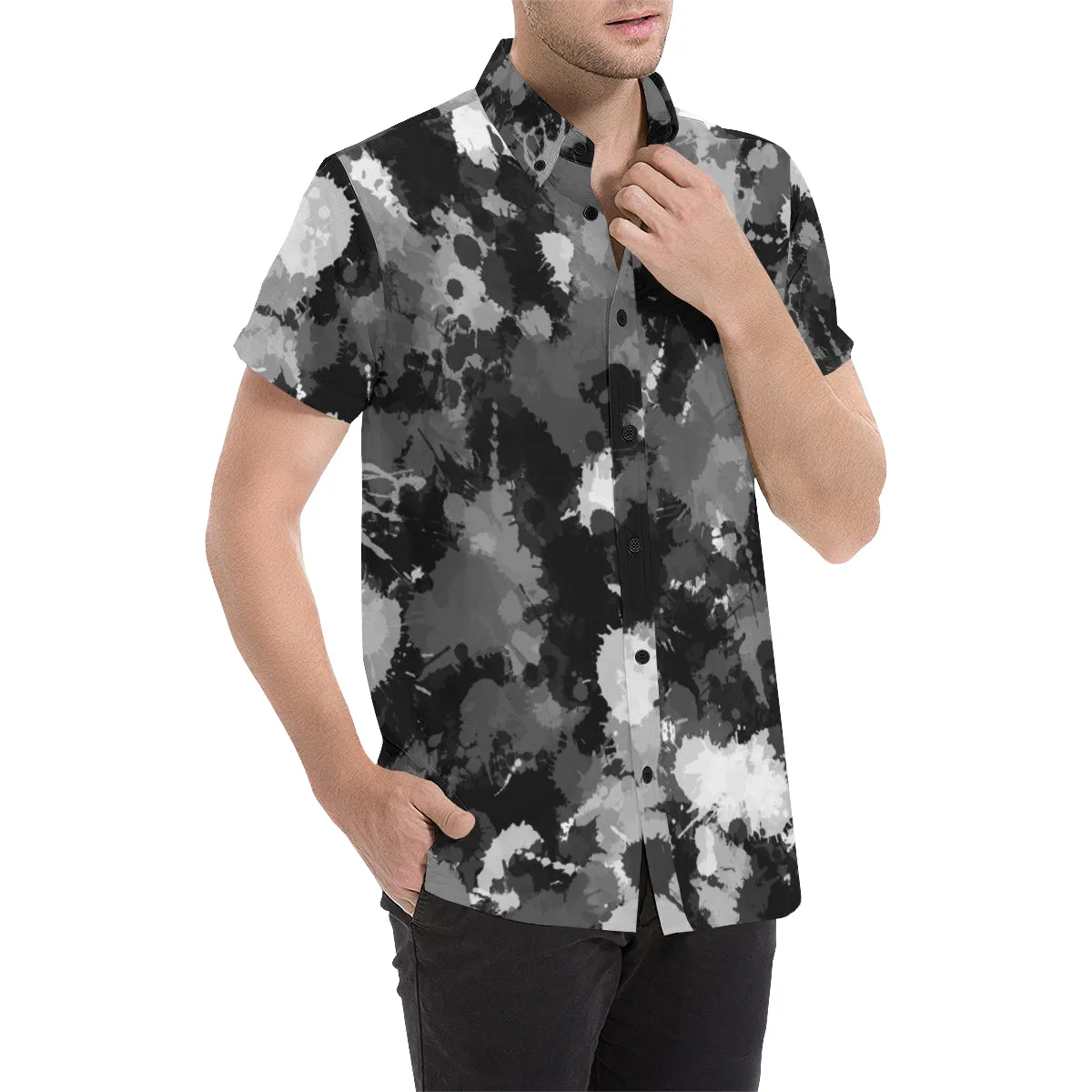 Black White and Grey Paint Splatter Men's Big & Tall Short Sleeve Button Up Shirt