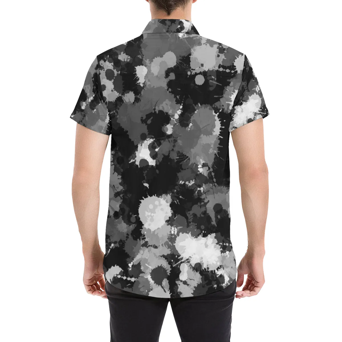 Black White and Grey Paint Splatter Men's Big & Tall Short Sleeve Button Up Shirt