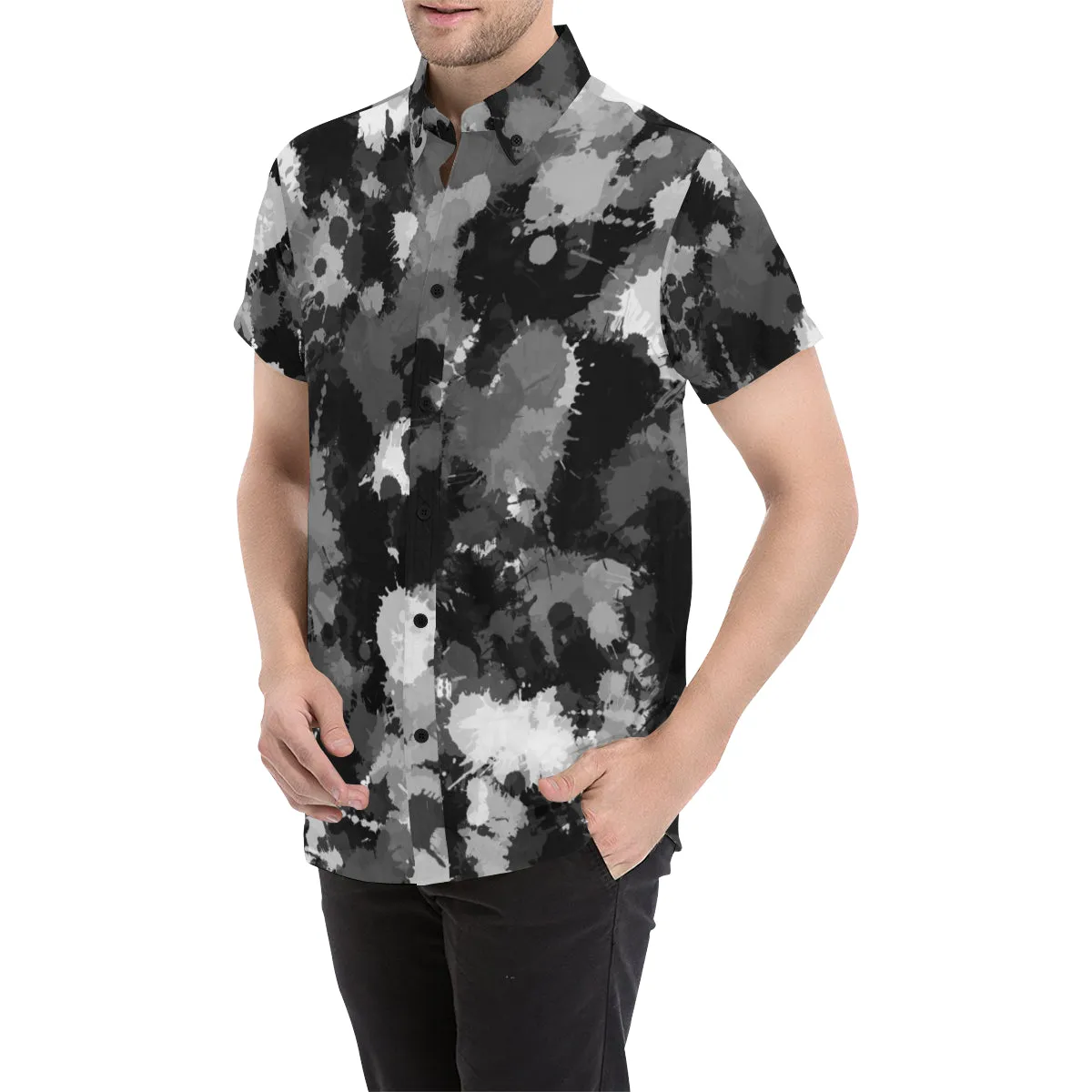 Black White and Grey Paint Splatter Men's Big & Tall Short Sleeve Button Up Shirt