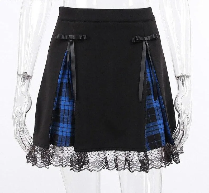 Blue Black Plaid Lace skirts Womens Girls Y2K Summer Vintage Kawaii Streetwear Cute Mini Pleated Skirt Gothic Hippie Kawaii Goth