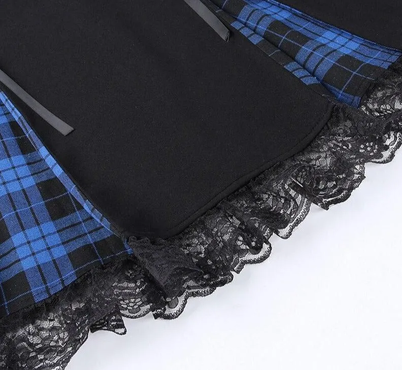 Blue Black Plaid Lace skirts Womens Girls Y2K Summer Vintage Kawaii Streetwear Cute Mini Pleated Skirt Gothic Hippie Kawaii Goth