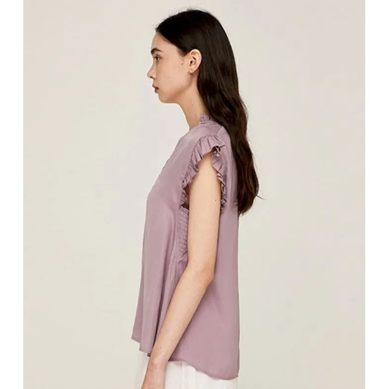 Chelsea Grade and Gather Soft Purple Ruffle Sleeve Satin Blouse