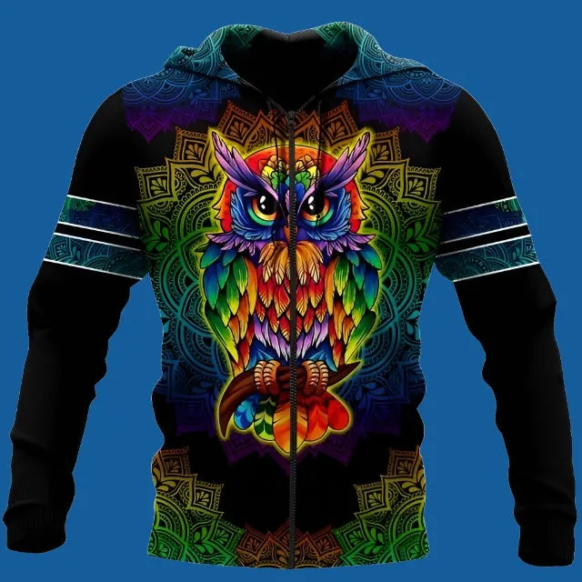 Colorful Space Owl Graphic Print Animal Hoodies