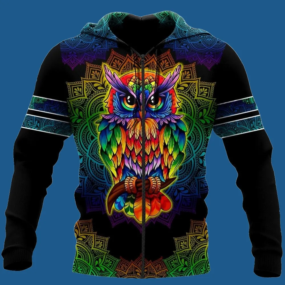 Colorful Space Owl Graphic Print Animal Hoodies