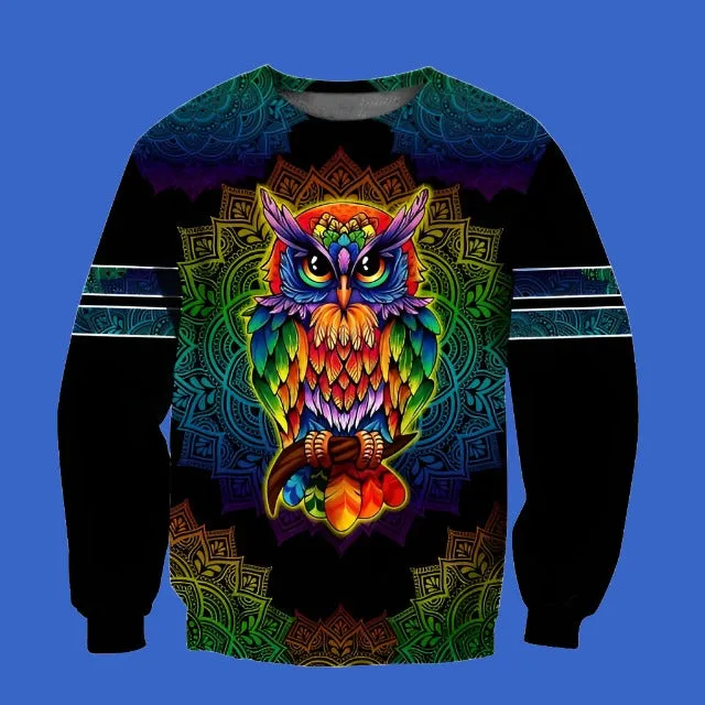 Colorful Space Owl Graphic Print Animal Hoodies