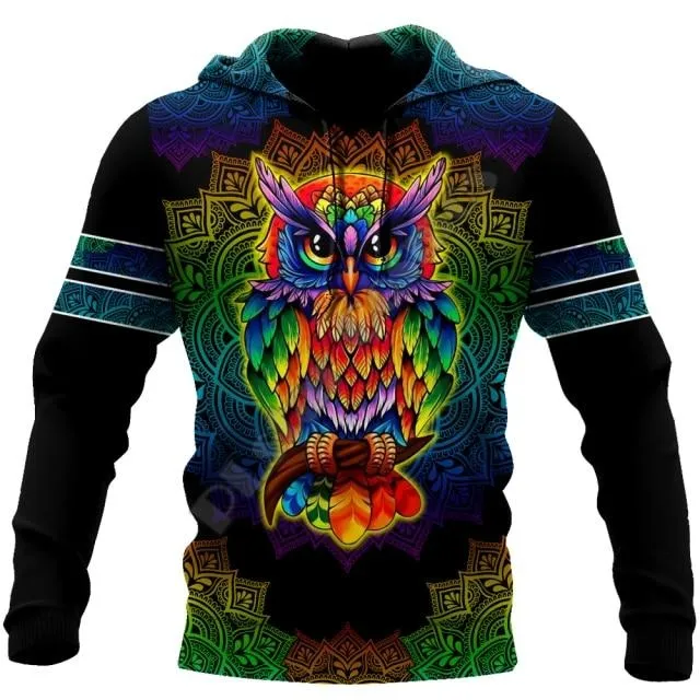 Colorful Space Owl Graphic Print Animal Hoodies