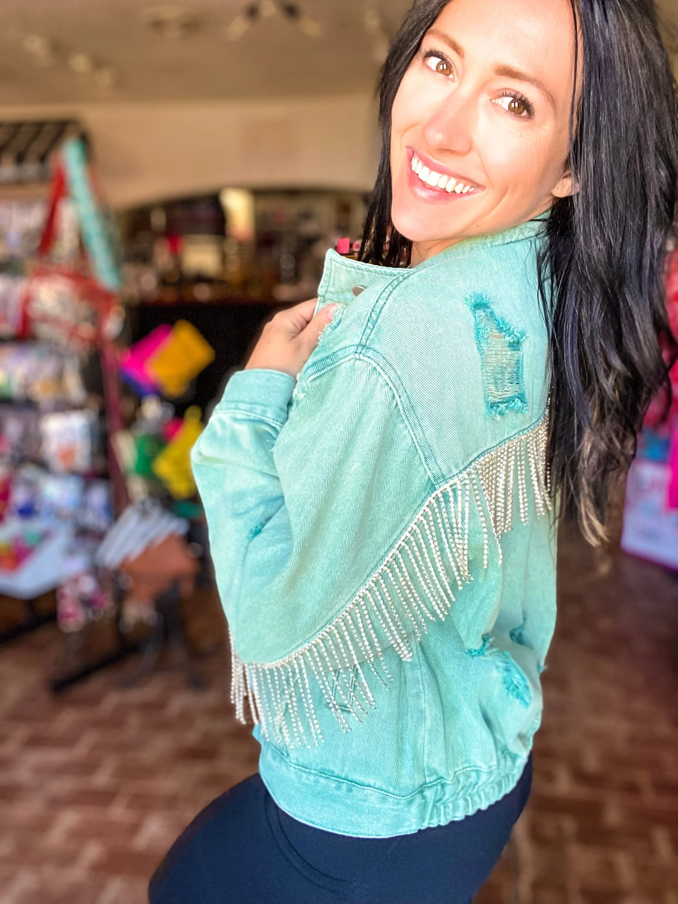 Distressed Rhinestone Fringe Jacket Vintage Green