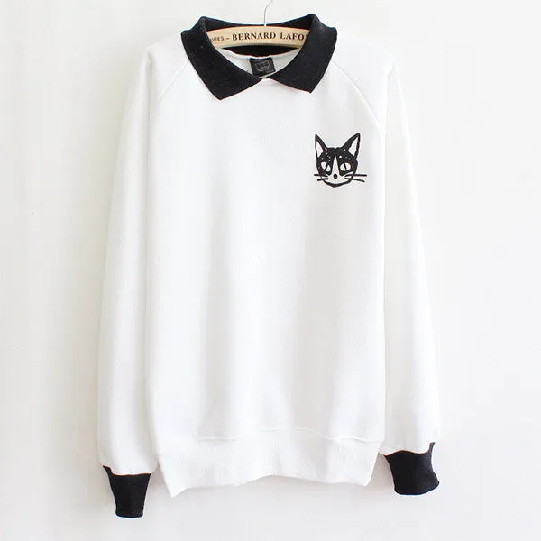 Fashion Women Lapel Neck Pullover Sweatshirt Cat Printed Loose Blouse Coat Clothes SM6