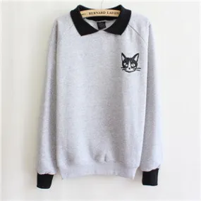 Fashion Women Lapel Neck Pullover Sweatshirt Cat Printed Loose Blouse Coat Clothes SM6