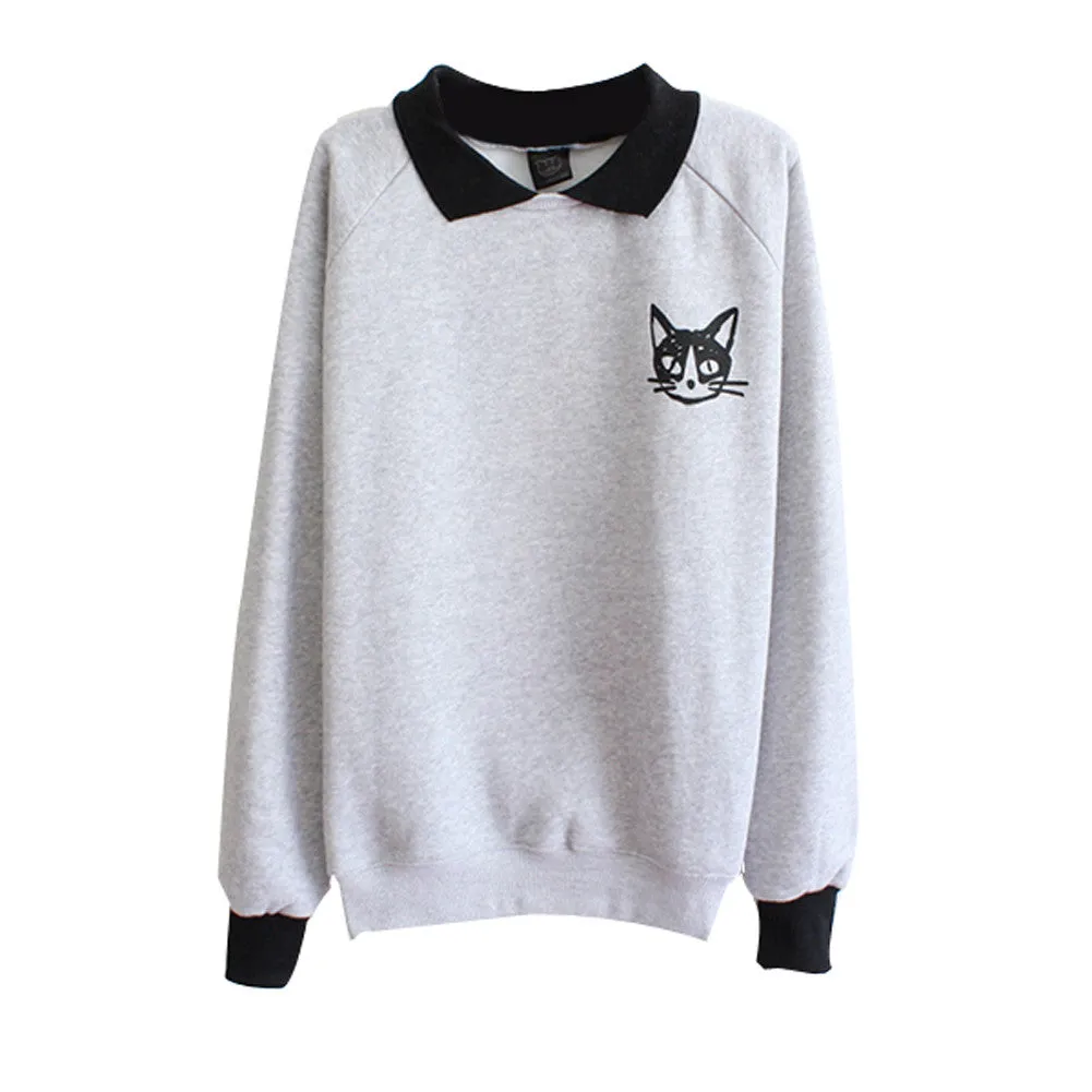 Fashion Women Lapel Neck Pullover Sweatshirt Cat Printed Loose Blouse Coat Clothes SM6