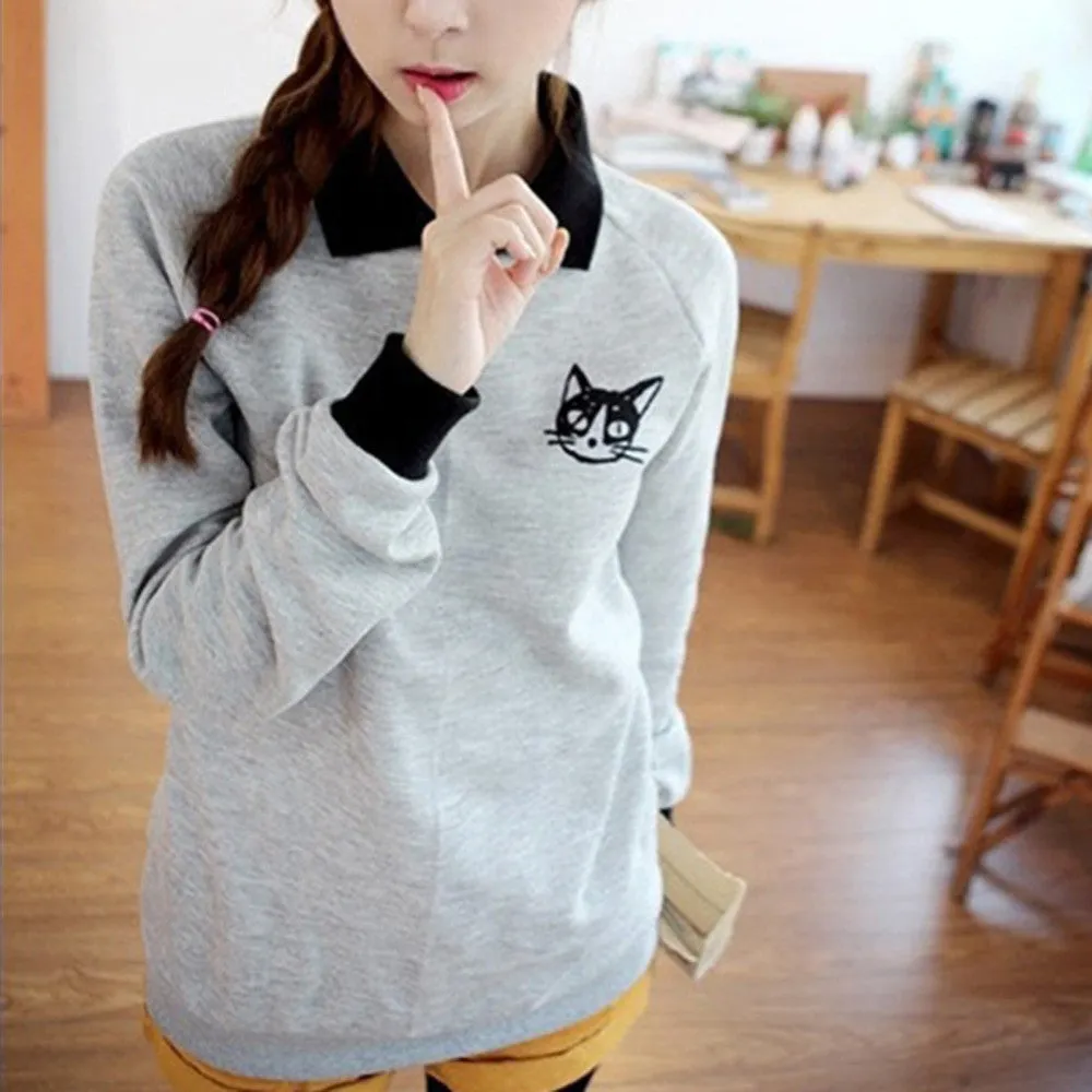 Fashion Women Lapel Neck Pullover Sweatshirt Cat Printed Loose Blouse Coat Clothes SM6