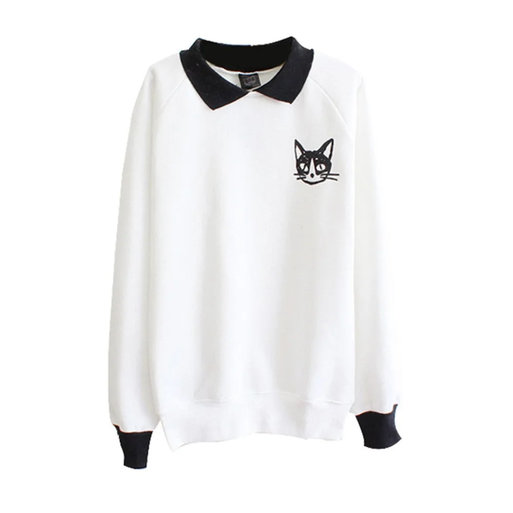 Fashion Women Lapel Neck Pullover Sweatshirt Cat Printed Loose Blouse Coat Clothes SM6