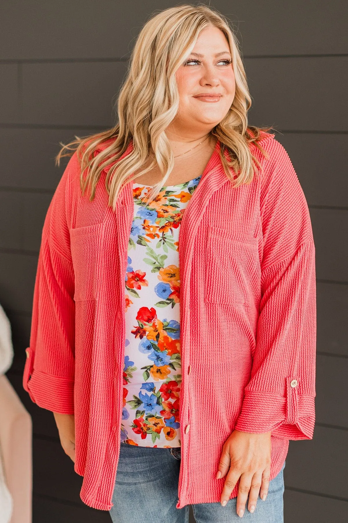 Feeling Bold Ribbed Shirt Jacket- Coral