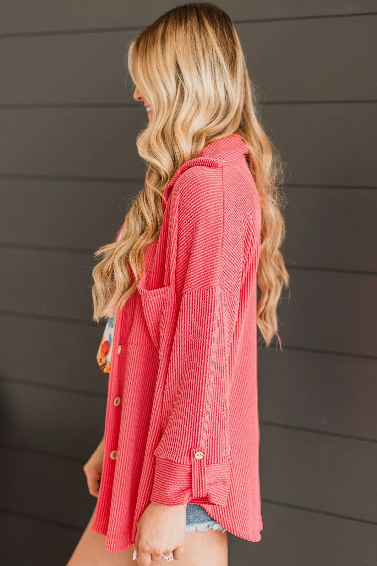 Feeling Bold Ribbed Shirt Jacket- Coral