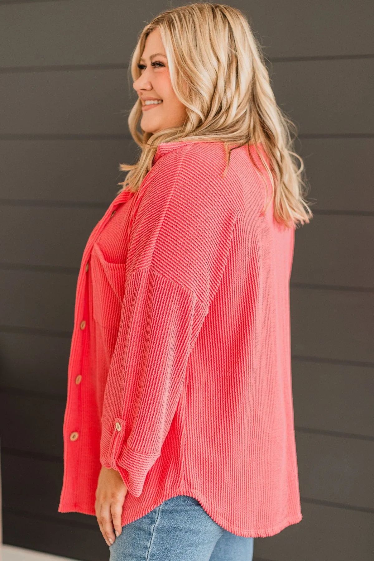 Feeling Bold Ribbed Shirt Jacket- Coral