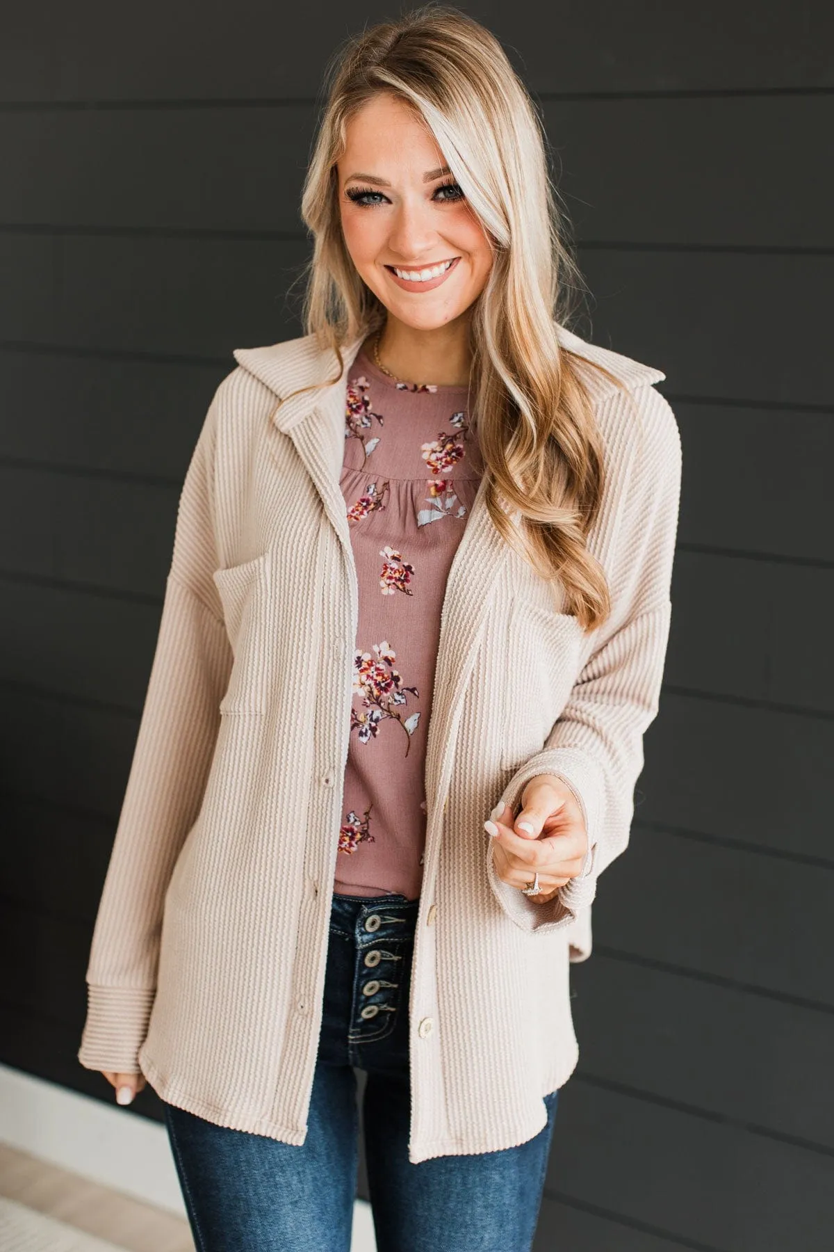 Feeling Bold Ribbed Shirt Jacket- Nude