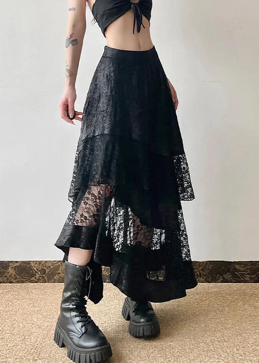 French Black High Waist Patchwork Lace Skirts Summer