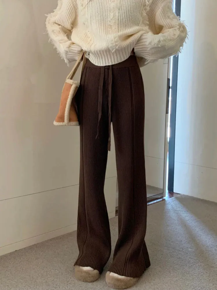 Knitted Flared Pants for Women Casual Cashmere Solid Loose Autumn/Winter Trousers