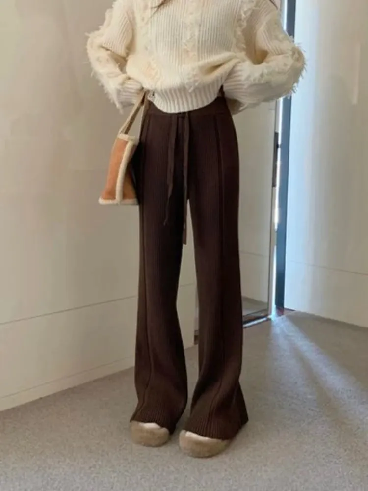 Knitted Flared Pants for Women Casual Cashmere Solid Loose Autumn/Winter Trousers