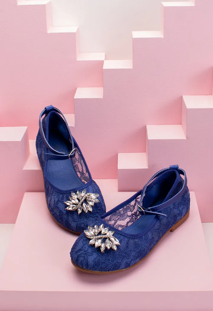 Lace Panel Rhinestone Brooch Flat Shoes