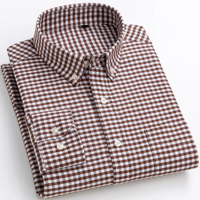 Men's Casual Flannel Plaid Striped Standard-fit Long Sleeve Shirt