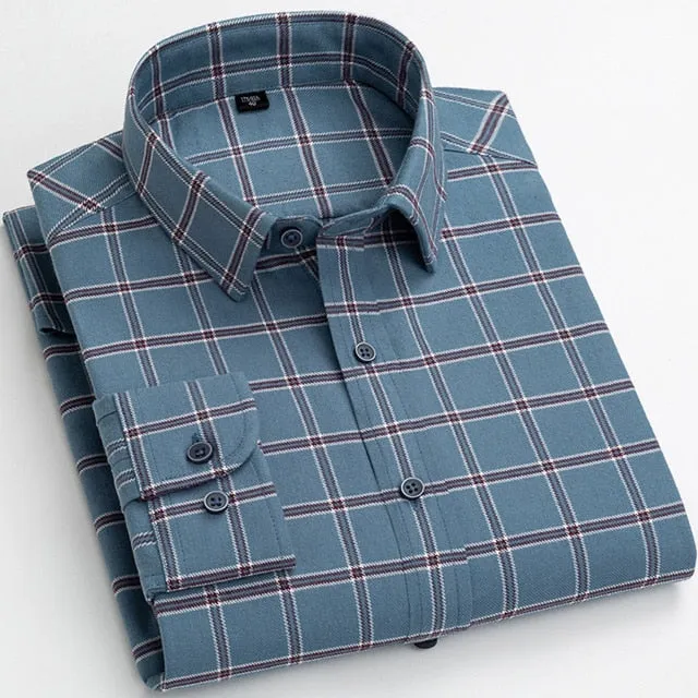 Men's Cotton Flannel Plaid Striped Standard-fit Long-Sleeve Shirt