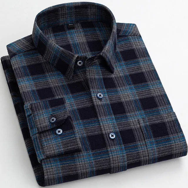 Men's Plaid Striped Standard-fit Cotton Flannel Long-Sleeve Shirt