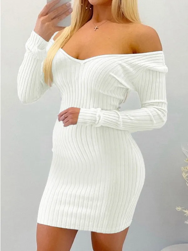 Momnfancy Solid Color Off Shoulder Bodycon V-Neck Long Sleeve Sweater Maternity Mini Dress