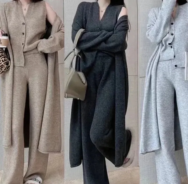 New Autumn Winter Women Knitted Three Piece Set Cardigan Sweater + Single Breasted Vest Tops And Wide Leg Pants Fashion Elegant