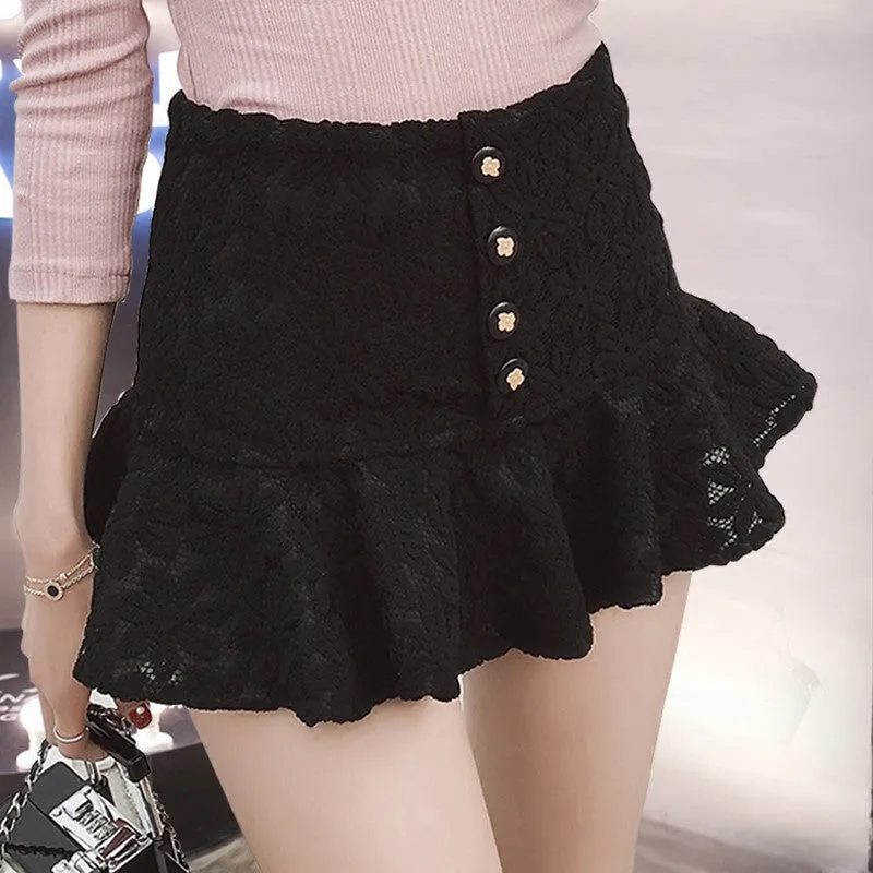 New  Fashion Korean Style Pencil Skirt Ruffles Mini Denim Lace Skirts Woman Sexy Button High Waist Fishtail Skirt Pants 7563 GS