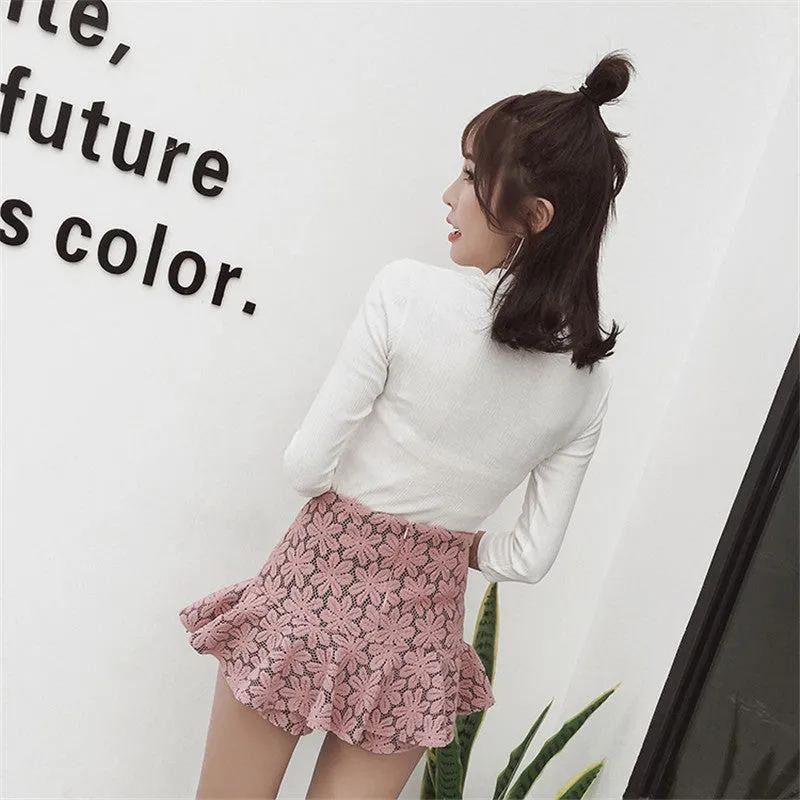 New  Fashion Korean Style Pencil Skirt Ruffles Mini Denim Lace Skirts Woman Sexy Button High Waist Fishtail Skirt Pants 7563 GS