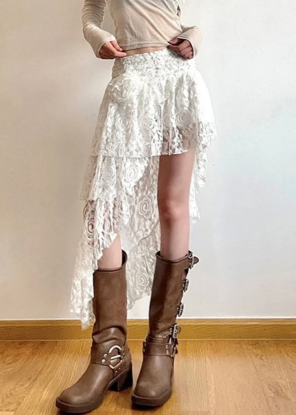 New White Asymmetrical High Waist Lace Skirts Summer