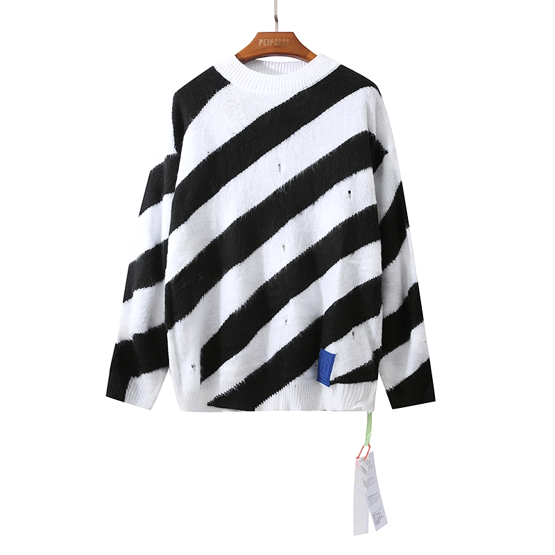 Off-White 24SS black and white diagonal striped ripped long-sleeved sweater 2.27