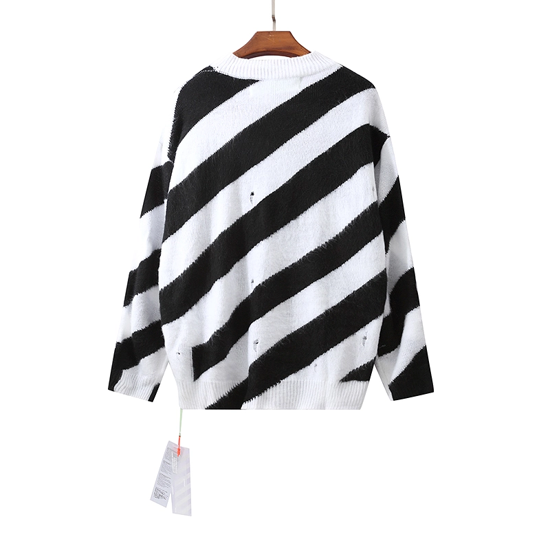 Off-White 24SS black and white diagonal striped ripped long-sleeved sweater 2.27