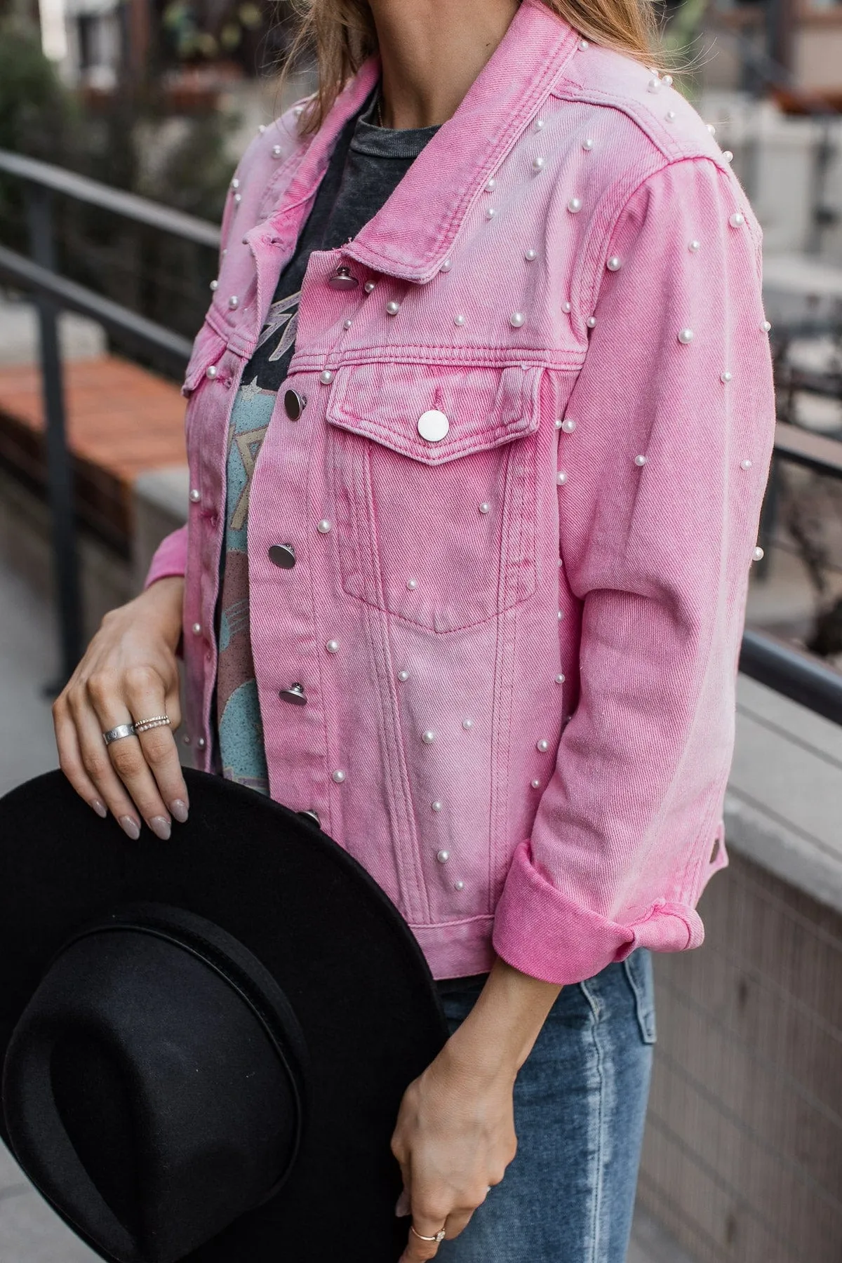 Risk Taker Embellished Jean Jacket- Pink