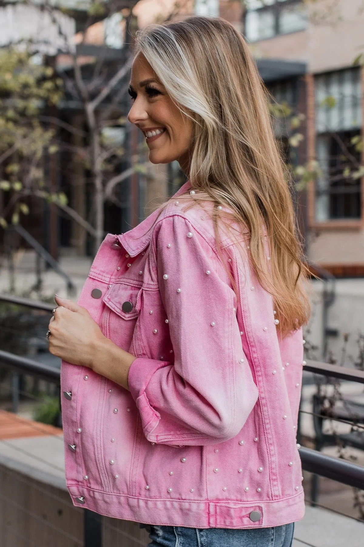 Risk Taker Embellished Jean Jacket- Pink