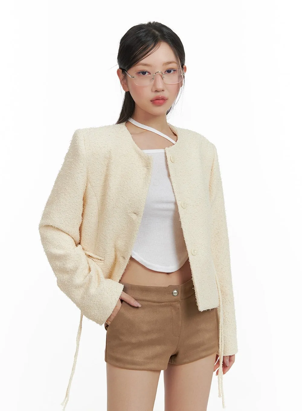 Round Neck Minimal Tweed Jacket CA409