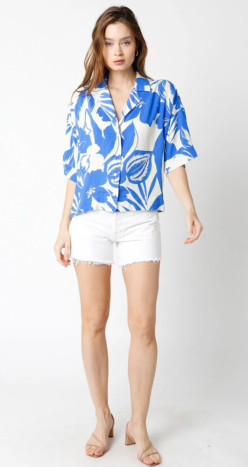 TROPICAL FOLIAGE FLOWY SHORT SLEEVE SHIRT