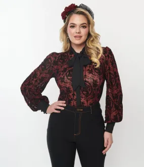 Unique Vintage Burgundy & Black Flocked La Catrina Gwen Blouse