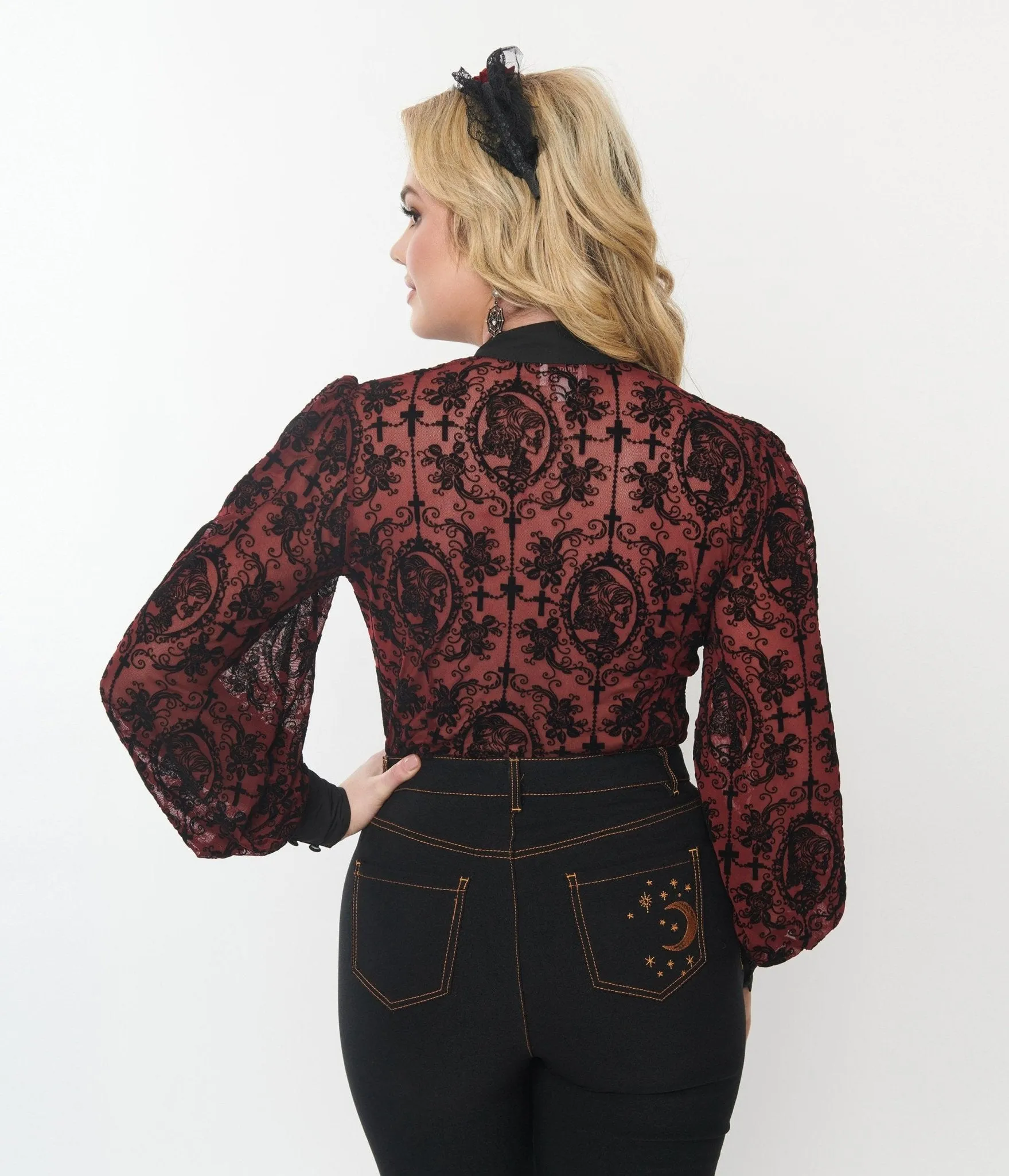 Unique Vintage Burgundy & Black Flocked La Catrina Gwen Blouse