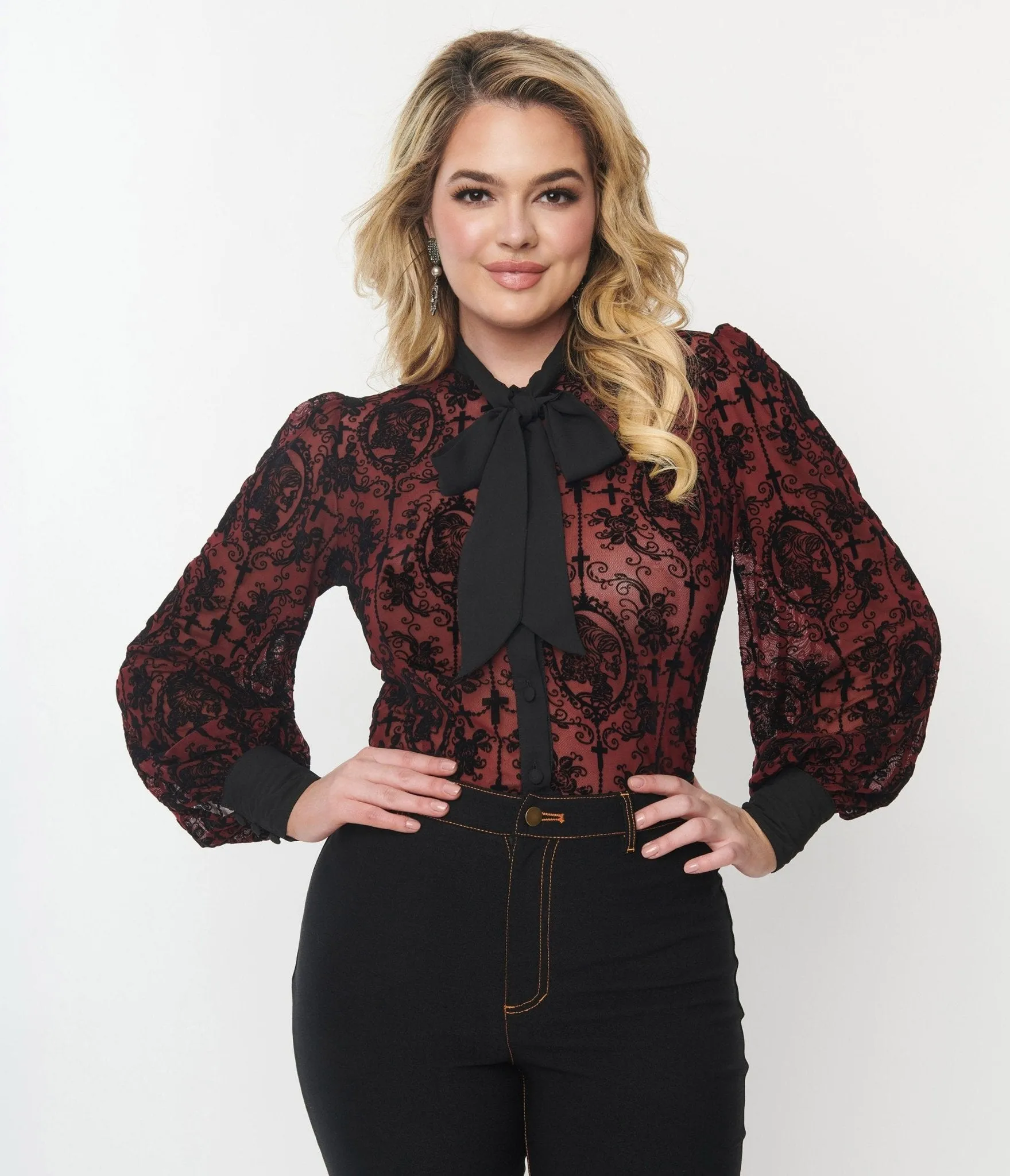 Unique Vintage Burgundy & Black Flocked La Catrina Gwen Blouse