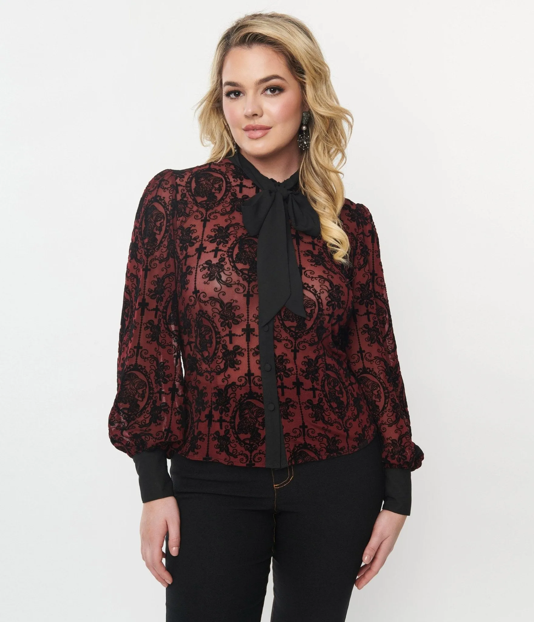 Unique Vintage Burgundy & Black Flocked La Catrina Gwen Blouse