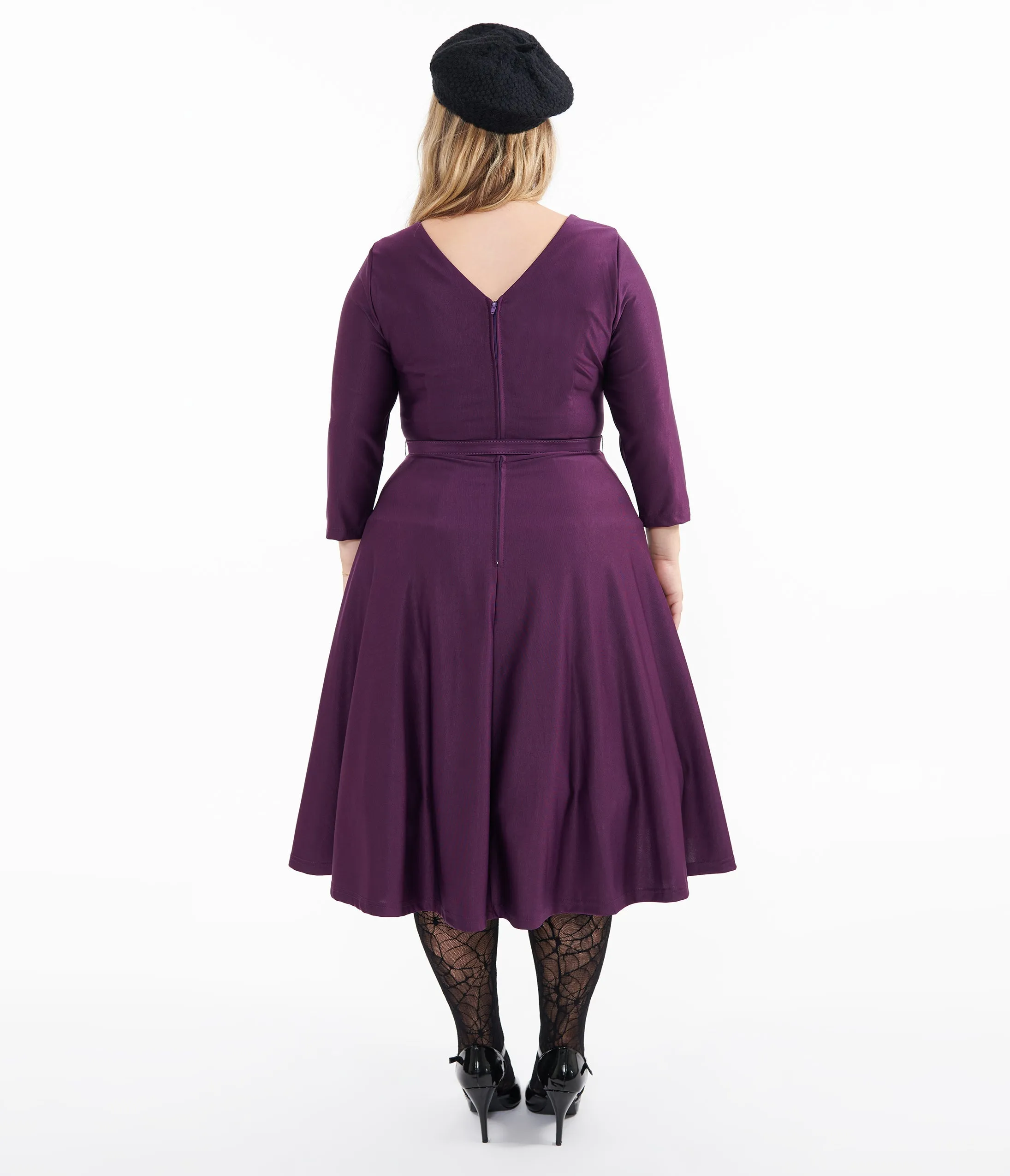 Unique Vintage Plus Size 1950s Eggplant & Black Spiderweb Devon Swing Dress