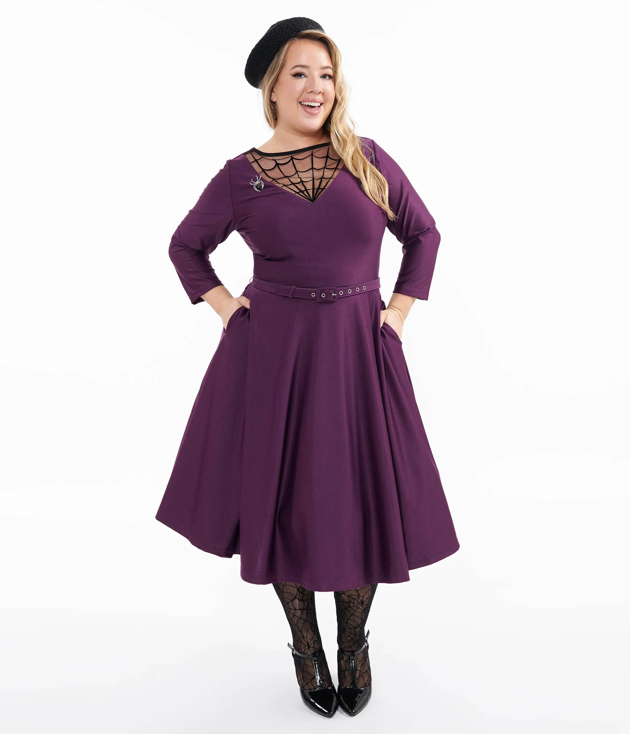 Unique Vintage Plus Size 1950s Eggplant & Black Spiderweb Devon Swing Dress