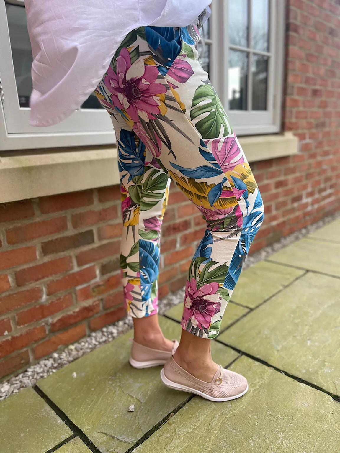 White Tropical Pattern Joggers