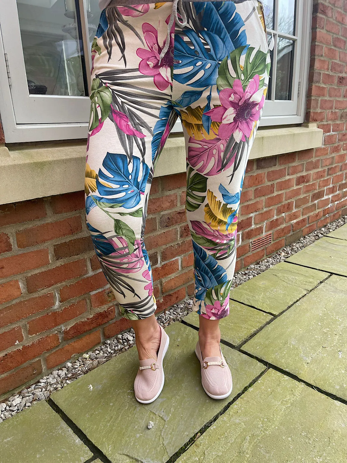 White Tropical Pattern Joggers