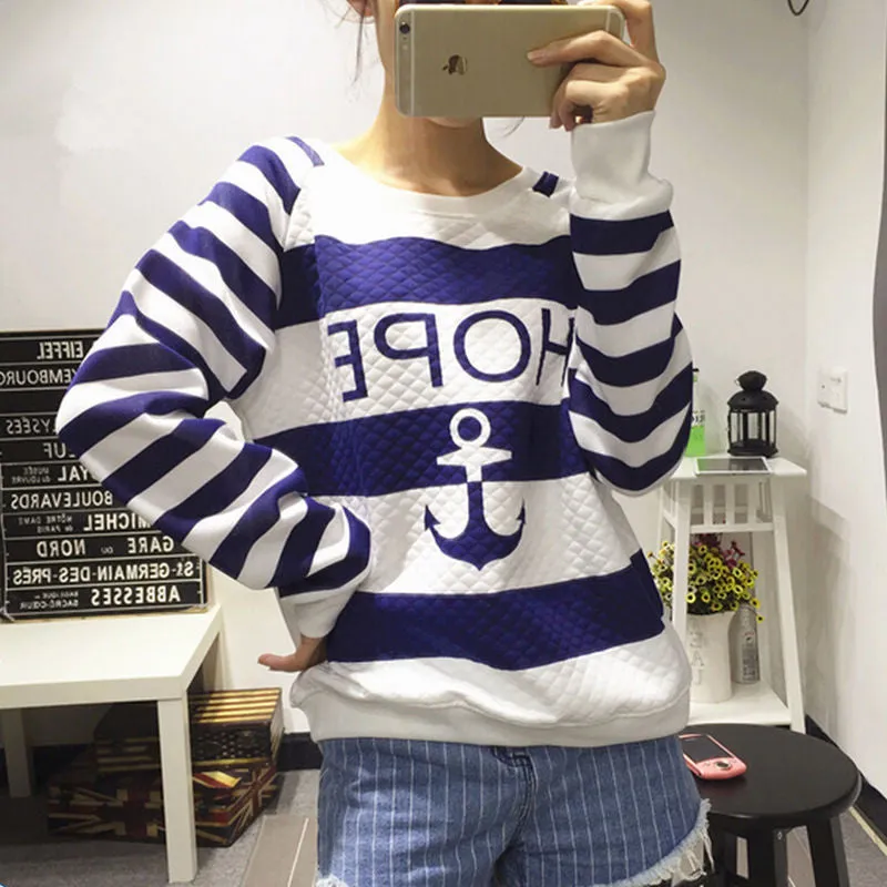 Women Long Sleeve Anchor Printed Hoodies Striped Causal Letter Women Pullover Sweatshirts Tracksuits Suit Tops S-XL SM6